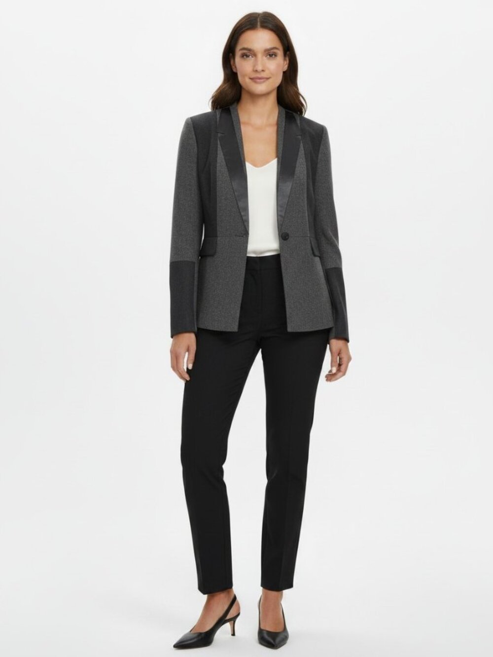 Classiques Entier Flannel Wool Blend Blazer Size 16 Charcoal Leather Trim